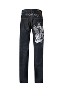 Calça jeans bordada masculina Nyc-Skull-Tatt - Indigo