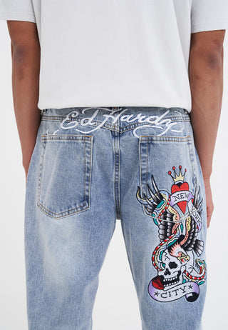 Herre Nyc-Skull Tattoo Graphic Denim Bukser Jeans - Bleach