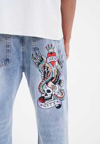 Heren Nyc-Skull Tattoo Grafische Denim Broek Jeans - Bleekmiddel