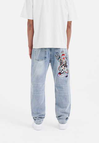 Calça jeans masculina Nyc-Skull Tattoo com estampa gráfica - Bleach