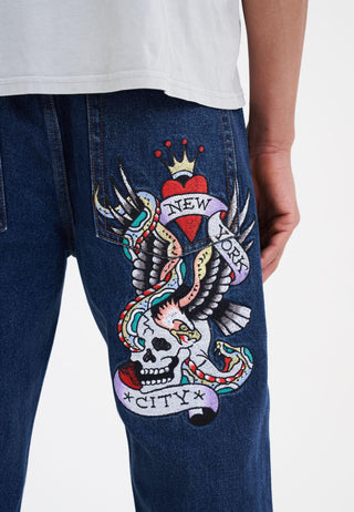 Męskie jeansy Nyc-Skull Tattoo Graphic Denim - Indygo