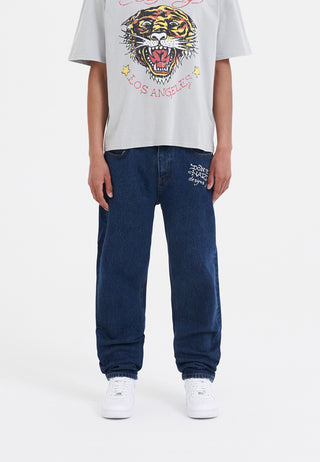 Calça jeans masculina com estampa Nyc-Skull Tattoo - Indigo