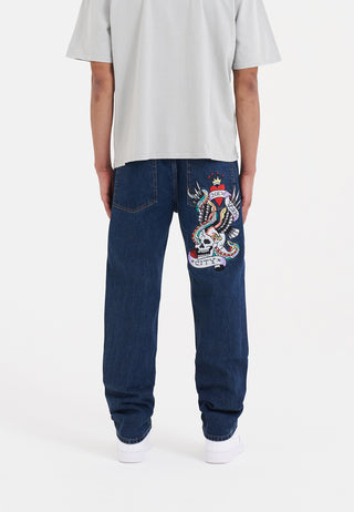 Jeans da uomo con grafica in denim con tatuaggio Nyc-Skull - Indaco