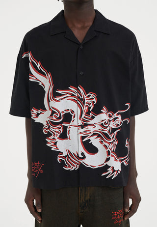 Mens Offset Dragon Camp Short Sleeve Shirt - Black
