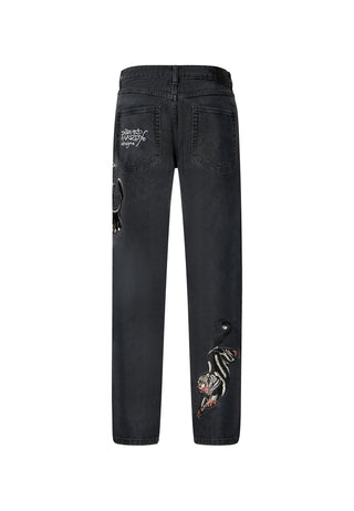 Męskie dżinsy Panther-Crouch-Leap Tattoo Graphic Relaxed Denim - czarne