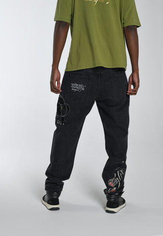 Heren Panther-Crouch-Leap Tattoo Grafische Relaxed Denim Broek Jeans - Zwart