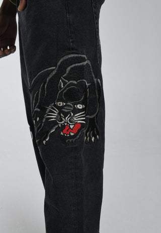 Pantalones vaqueros relajados con gráfico de tatuaje Panther-Crouch-Leap para hombre - Negro