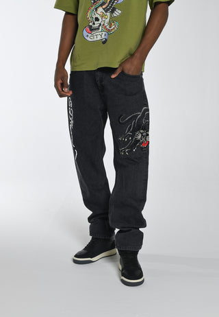 Heren Panther-Crouch-Leap Tattoo Grafische Relaxed Denim Broek Jeans - Zwart