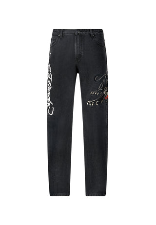 Calça jeans masculina Panther-Crouch-Leap Tattoo Graphic relaxada - Preto