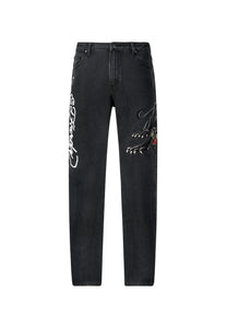 Herren-Jeans mit Panther-Crouch-Leap-Tattoo-Grafik, entspannte Denim-Hose – Schwarz