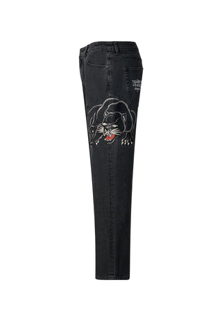 Herre Panther-Crouch-Leap Tattoo Grafisk Relaxed Denim Bukser Jeans - Sort