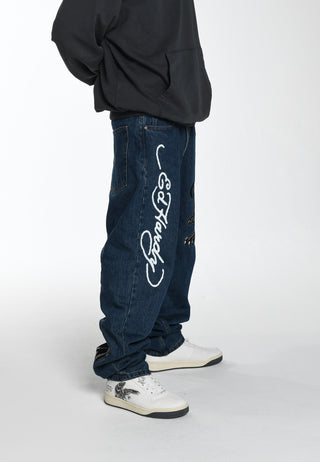 Calça jeans masculina Panther-Crouch-Leap Tattoo Graphic relaxada - Indigo