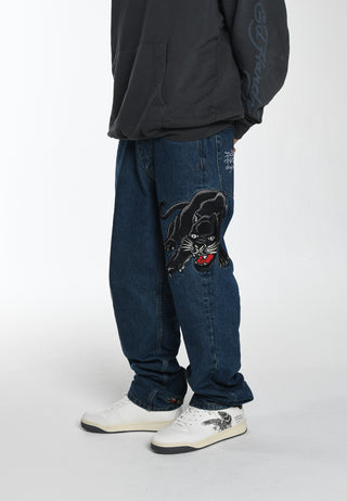 Lässige Jeanshose mit Panther-Crouch-Leap-Tattoo-Grafik für Herren – Indigo