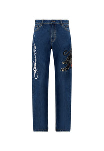 Herre Panther-Crouch-Leap Tattoo Grafisk Relaxed Denim Bukser Jeans - Indigo