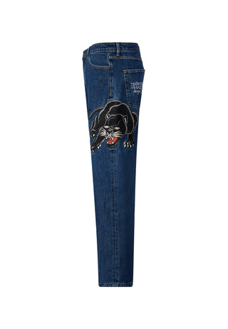 Calça jeans masculina Panther-Crouch-Leap Tattoo Graphic relaxada - Indigo