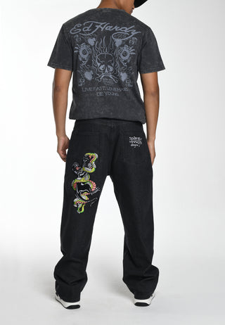 Herr Panther-Slither Tattoo Graphic Relaxed Denim Byxor Jeans - Svart