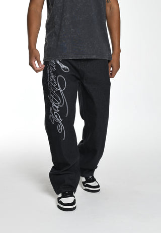 Calça jeans masculina Panther-Slither Tattoo Graphic relaxada - preta
