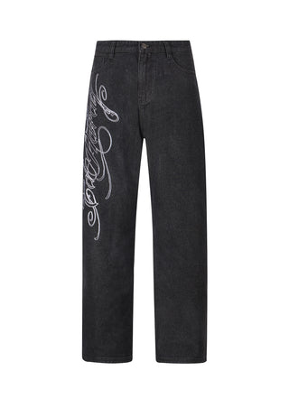 Herr Panther-Slither Tattoo Graphic Relaxed Denim Byxor Jeans - Svart