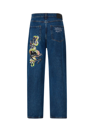 Herre Panther-Slither Tattoo Graphic Relaxed Denim Bukser Jeans - Indigo