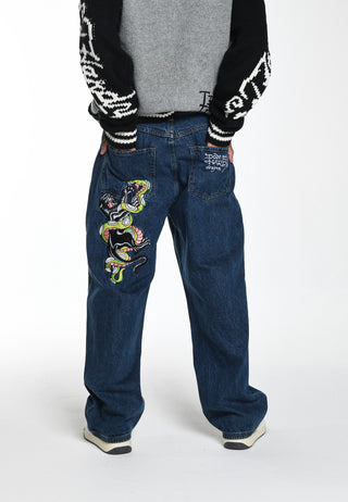Herr Panther-Slither Tattoo Graphic Relaxed Denim Byxor Jeans - Indigo