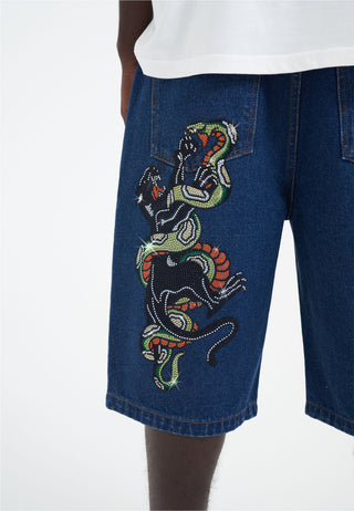 Herre Panther Snake Diamante Denim Jorts Shorts - Indigo