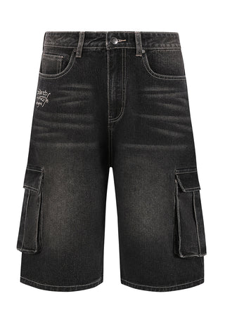 Mens Skull Dagger Thru Snake Relaxed Denim Cargo Jorts Shorts - Black