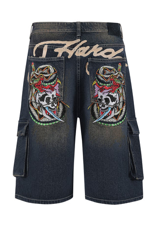 Mens Skull Dagger Thru Snake Relaxed Denim Cargo Jorts Shorts