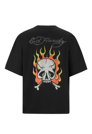 Męska koszulka z motywem czaszki płomienia i diamentu - czarna
