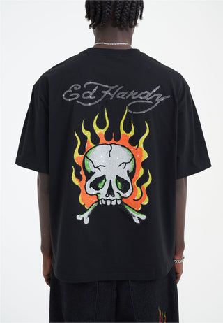 Herre Skull Flame Diamante Tshirt - Sort
