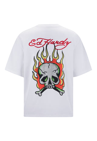 Heren Skull Flame Diamante T-shirt - Wit