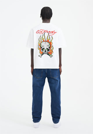 Heren Skull Flame Diamante T-shirt - Wit