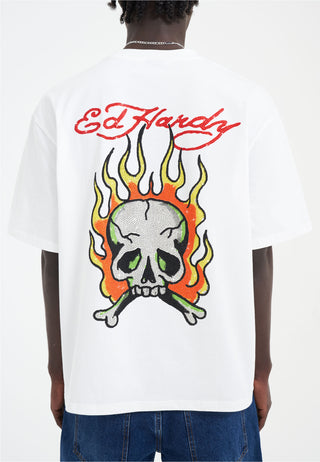 Skull Flame Diamante T-skjorte for menn - Hvit