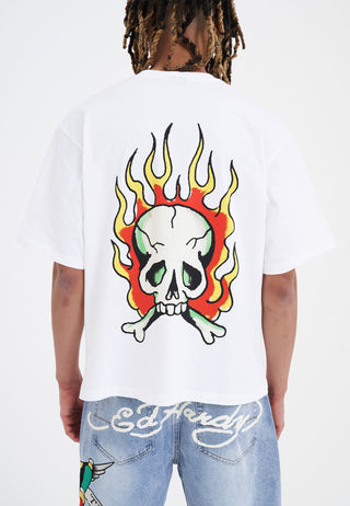 Męska koszulka z motywem czaszki i płomieni – biała