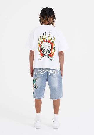 Męska koszulka z motywem czaszki i płomieni – biała