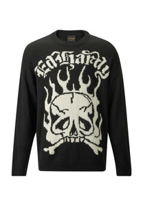 Męski żakardowy sweter z dzianiny Skull In Flames - czarny/biały