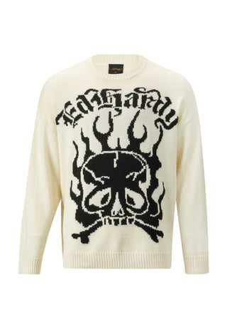 Męski żakardowy sweter z dzianiny Skull In Flames - ecru/czarny