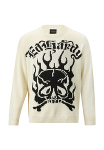 Męski żakardowy sweter z dzianiny Skull In Flames - ecru/czarny