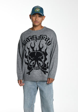 Suéter masculino de malha jaquard Skull In Flames - cinza/preto