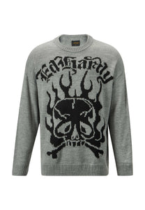Suéter masculino de malha jaquard Skull In Flames - cinza/preto