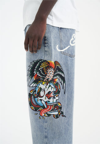 Jeans da uomo in denim con diamanti con teschio-serpente-aquila - Candeggina