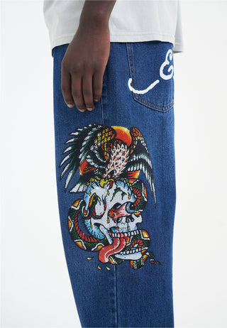 Pantalones vaqueros con diseño de calavera, serpiente y águila con diamantes - Indigo