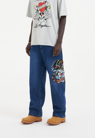 Calça jeans masculina Skull-Snake-Eagle Diamante - Indigo