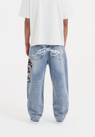 Pantaloni da uomo in denim con grafica teschio-serpente-aquila, jeans larghi - candeggina