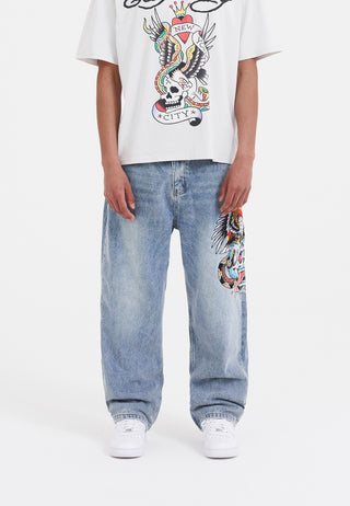 Męskie spodnie jeansowe z grafiką z czaszką, wężem i orłem, workowate dżinsy - wybielacz