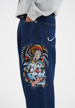 Calça jeans masculina com estampa Skull-Snake-Eagle Tattoo Baggy Jeans - Indigo