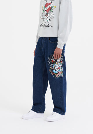 Męskie spodnie jeansowe z grafiką z czaszką, wężem i orłem, workowate dżinsy - indygo
