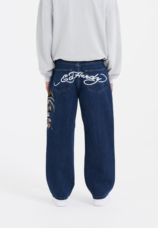 Pantaloni da uomo in denim con grafica teschio-serpente-aquila, jeans larghi - indaco