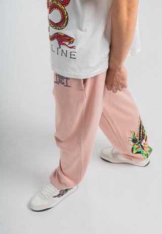 Mens Snake-Eagle-Flight Baggy Tracksuit Bottoms - Pink