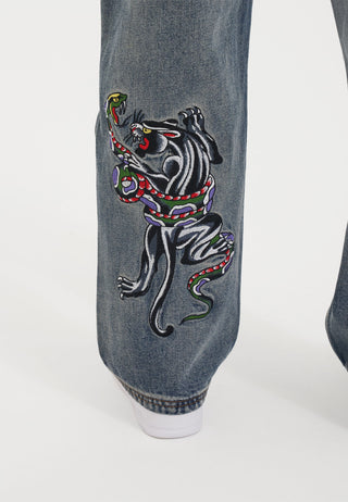Pantalones vaqueros de mezclilla carpintero con serpiente y pantera para hombre - Azul