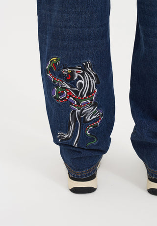 Pantalon en jean charpentier serpent et panthère pour homme - Indigo